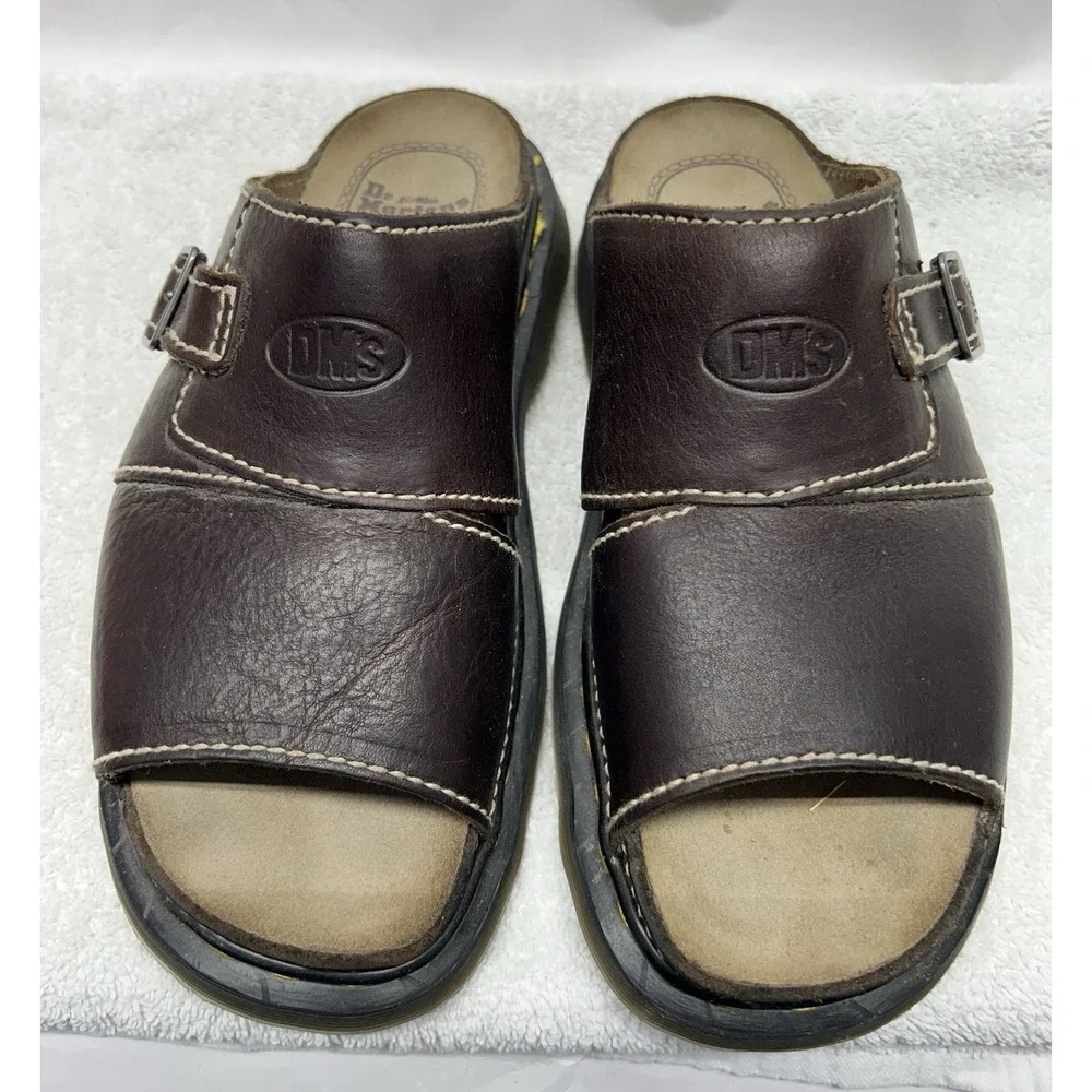 Dr Martens Mens Size 11 Dark Brown Leather Peanut Strap Vintage England Sandals